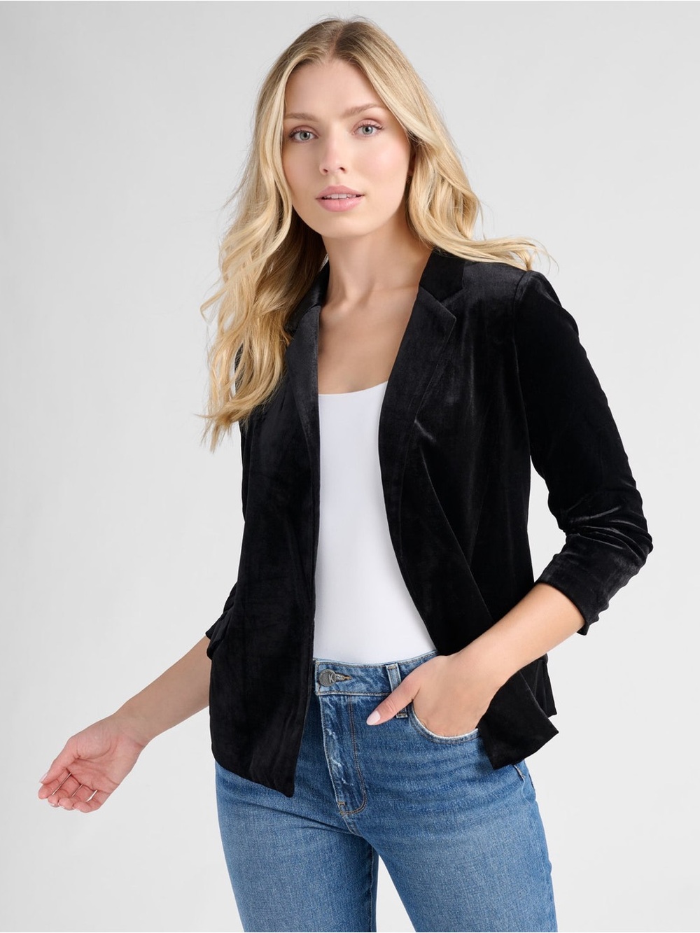 Skies Are Blue Black Velvet Open-Front Women's Blazer Jacket